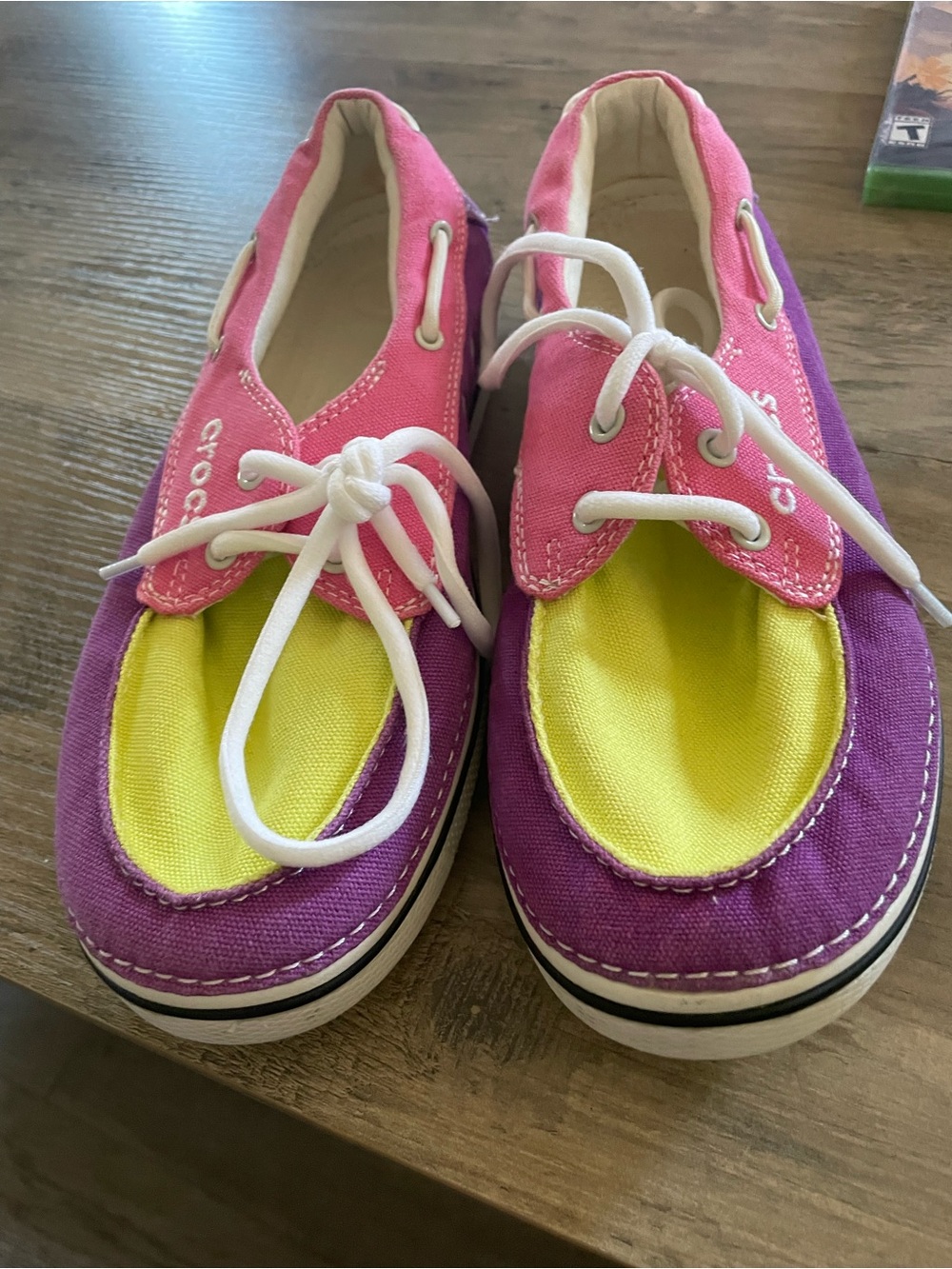 CROCS Multicolor Canvas Lace-Up Sneakers in Pink, Purple & Yellow